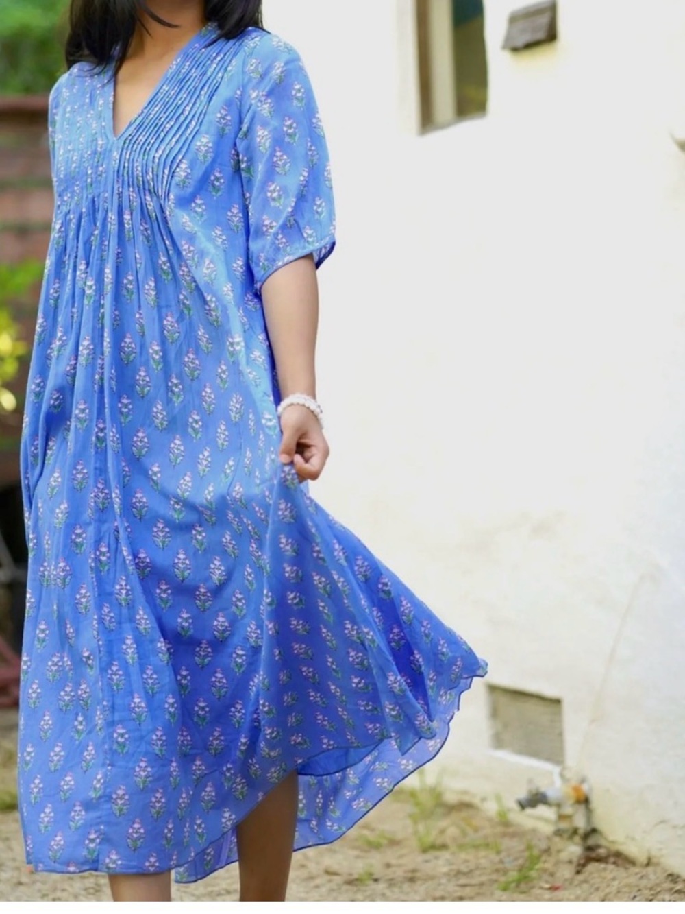 Blue Floral V-Neck Women’s Midi Dress